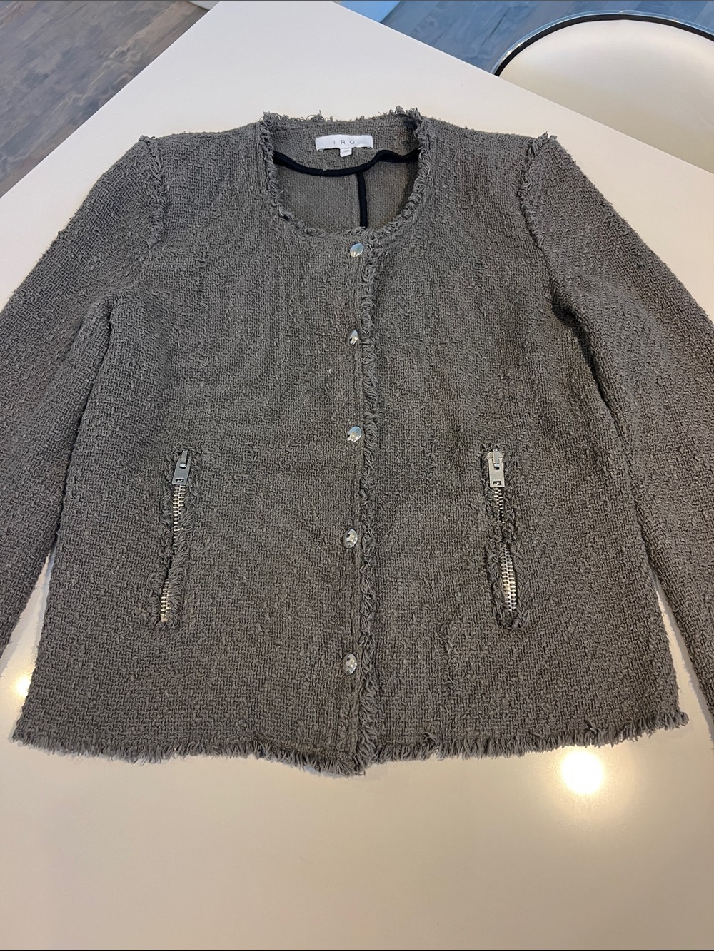 IRO agnette charcoal grey tweed long sleeve zip up buttoned round neck blazer 38